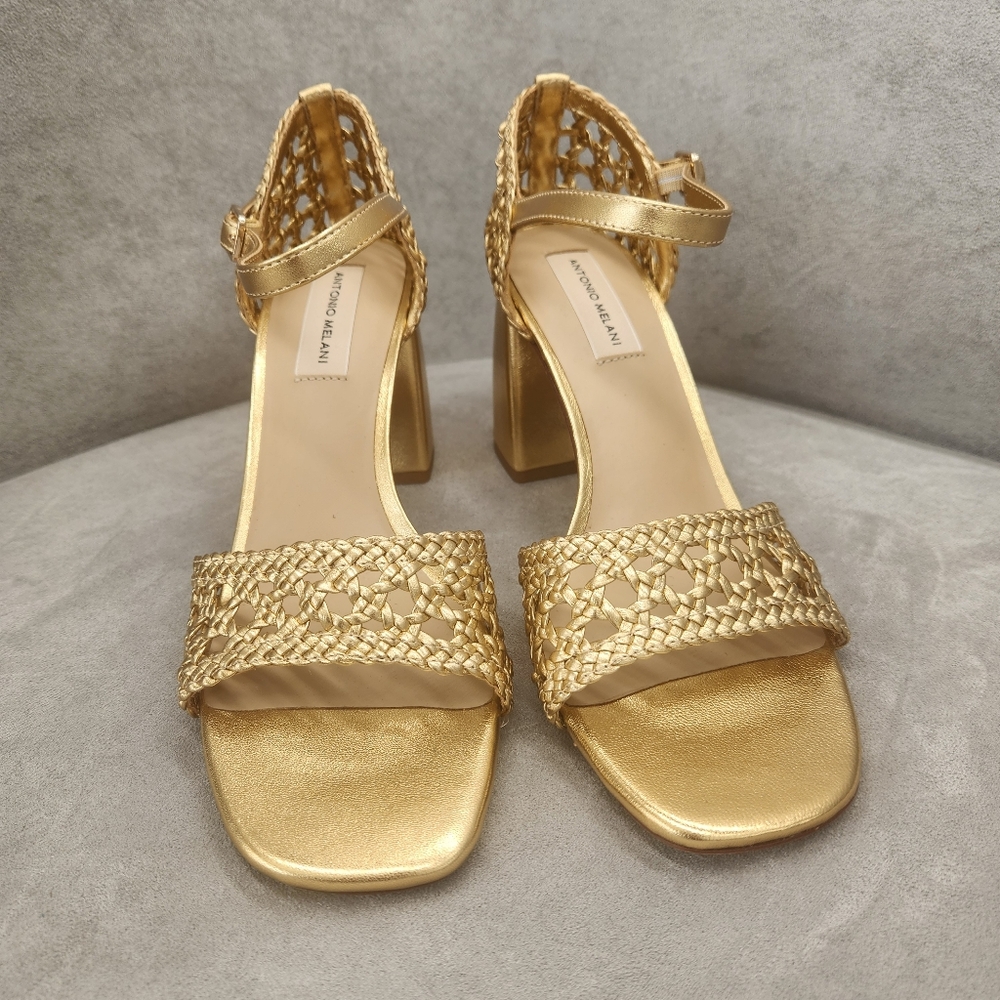 Antonio Melani Heeled Sandals 10 Golden Woven Leather Gretel Metallic New $140 - Picture 8 of 15